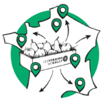 Carte de France avec des pins de localisation et une cagette de fruits, illustrés en noir et blanc avec un fond de cercle vert.